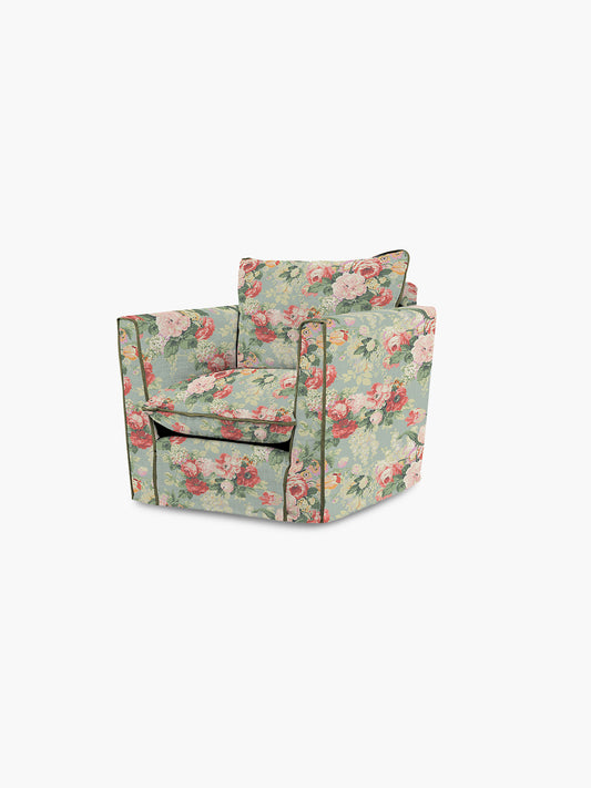 Cocobella Armchair in English Garden Grey Skies with Green Tea Velvet Trim