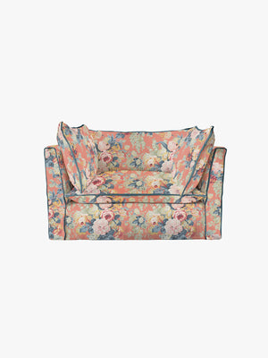 Cocobella Loveseat in English Garden Coral Orange with Lagoon Velvet Trim