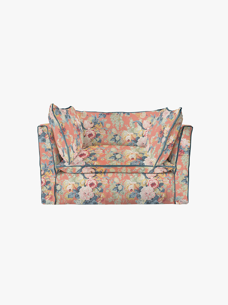 Cocobella Loveseat in English Garden Coral Orange with Lagoon Velvet Trim
