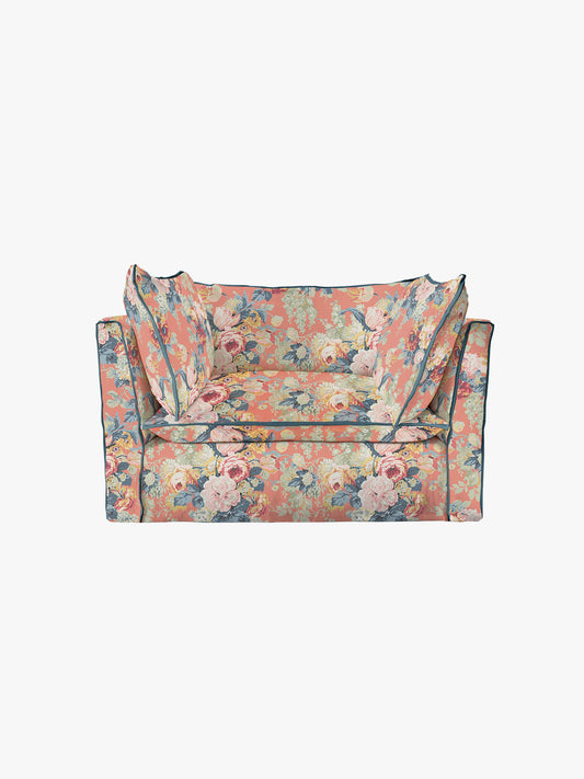 Cocobella Loveseat in English Garden Coral Orange with Lagoon Velvet Trim