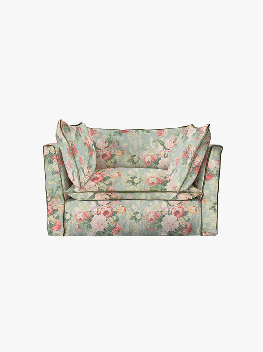 Cocobella Loveseat in English Garden Grey Skies with Green Tea Velvet Trim