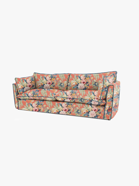 Cocobella 3.5 Seater Sofa in English Garden Coral Orange with Lagoon Velvet Trim