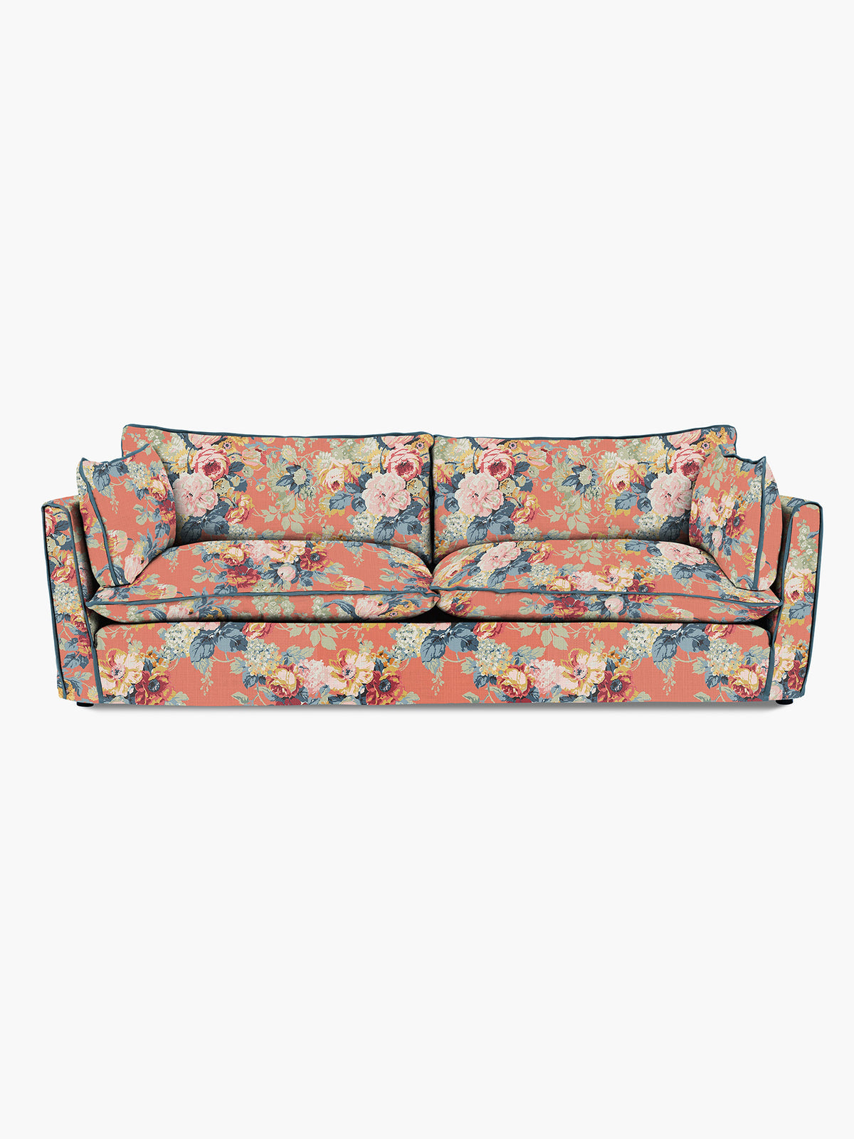 Cocobella 3.5 Seater Sofa in English Garden Coral Orange with Lagoon Velvet Trim