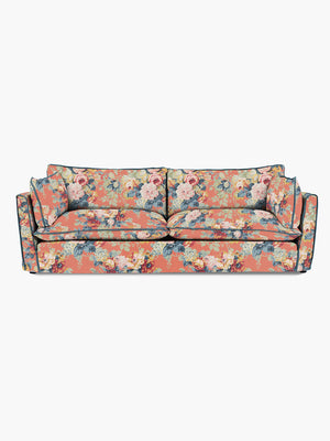 Cocobella 3.5 Seater Sofa in English Garden Coral Orange with Lagoon Velvet Trim