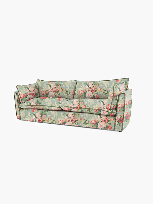 Cocobella 3.5 Seater Sofa in English Garden Grey Skies with Green Tea Velvet Trim