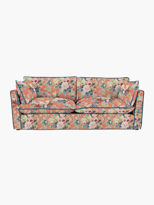 Cocobella 3 Seater Sofa in English Garden Coral Orange with Lagoon Velvet Trim