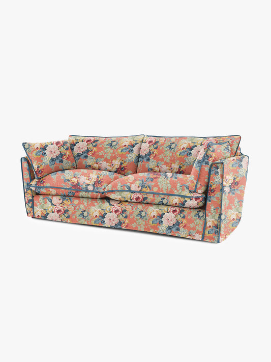 Cocobella 3 Seater Sofa in English Garden Coral Orange with Lagoon Velvet Trim