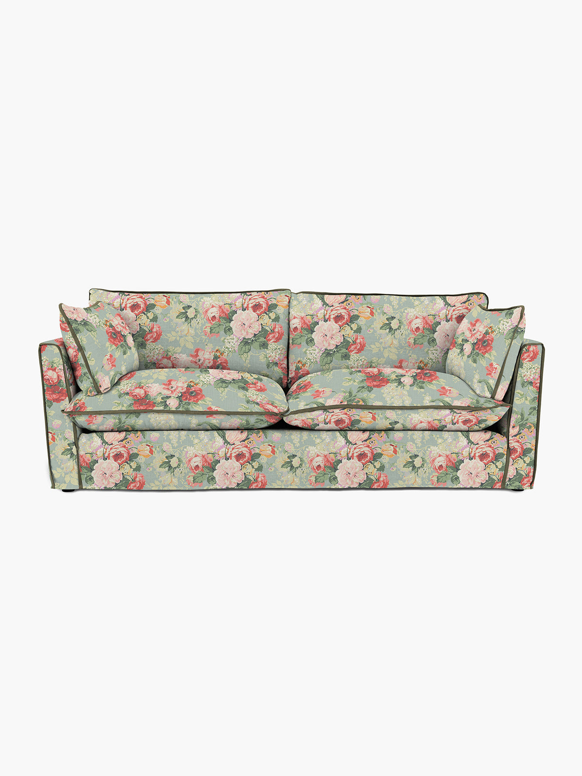 Cocobella 3 Seater Sofa in English Garden Grey Skies with Green Tea Velvet Trim