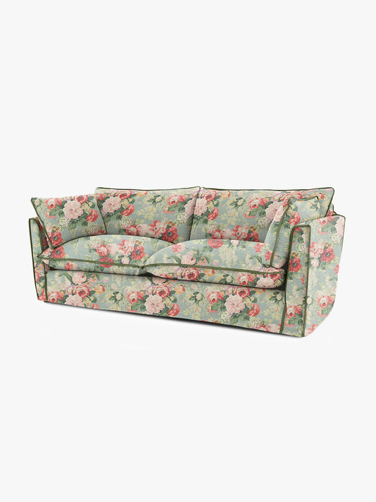 Cocobella 3 Seater Sofa in English Garden Grey Skies with Green Tea Velvet Trim