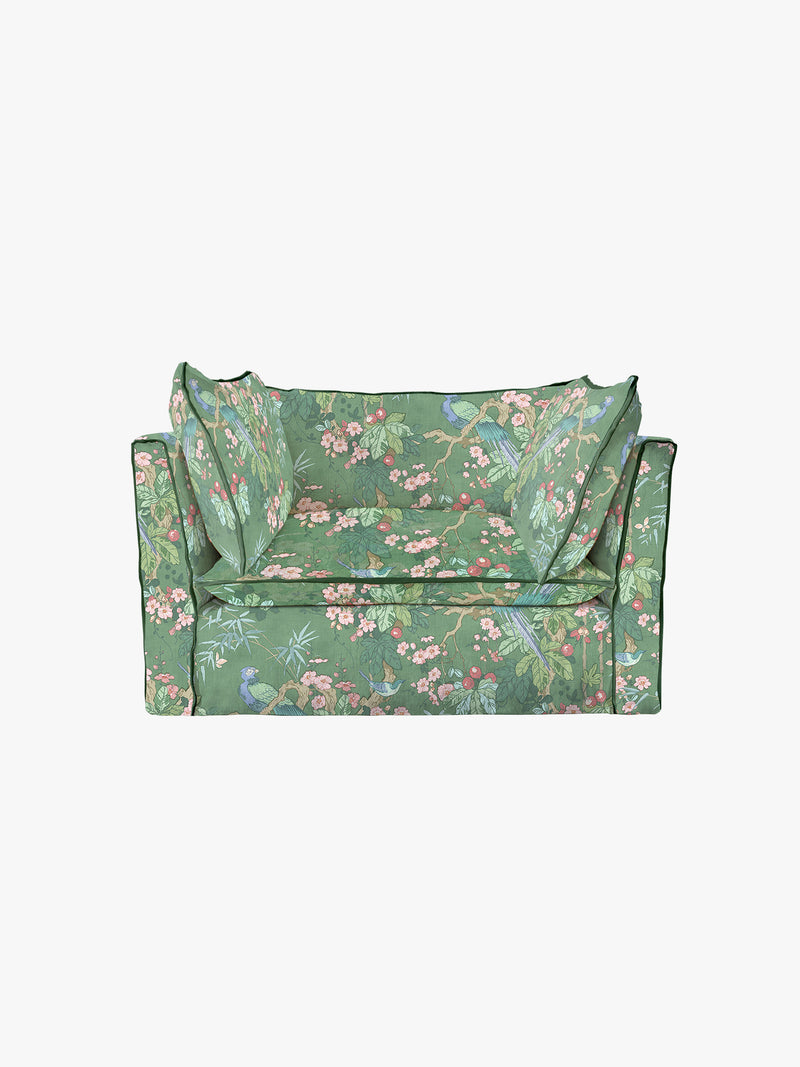 Cocobella Loveseat in Belleville Juniper with Pine Velvet Trim