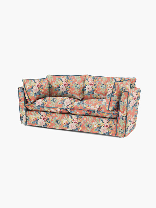 Cocobella 2.5 Seater Sofa in English Garden Coral Orange with Lagoon Velvet Trim