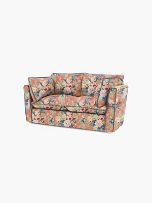 Cocobella 2 Seater Sofa in English Garden Coral Orange with Lagoon Velvet Trim