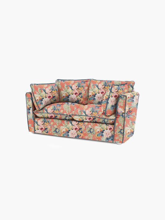 Cocobella 2 Seater Sofa in English Garden Coral Orange with Lagoon Velvet Trim