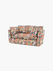 Cocobella 2 Seater Sofa in English Garden Coral Orange with Lagoon Velvet Trim