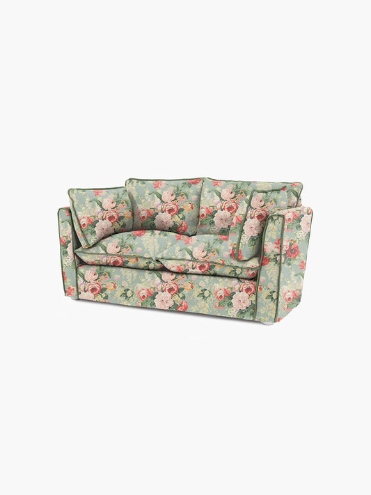 Cocobella 2 Seater Sofa in English Garden Grey Skies with Green Tea Velvet Trim