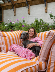 Coco Footstool with Self Piped Box Edge cushion in Dedar Belomondo Corallo - Made to order