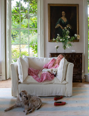 Coco Loveseat with Self Piped Knife Edge cushion in Cotton Linen Snow Drop - Made to Order