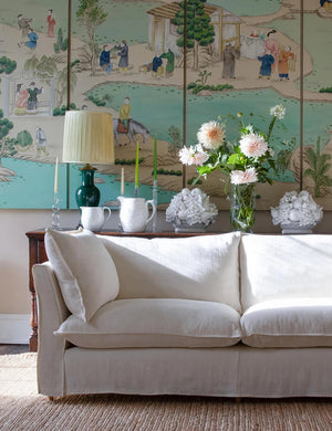 Coco 2.5 seater sofa with Self Piped Knife Edge cushion in Designers Guild Brera Lino Chalk - Made to order