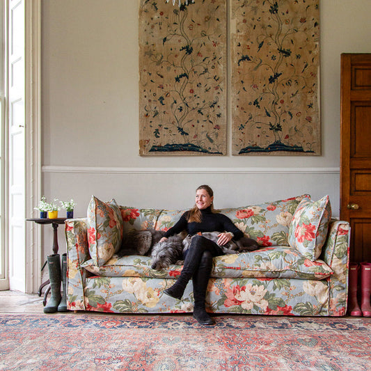 Coco 3 seater sofa with Self Piped Knife Edge cushion in Peony Summer Sky - Made to order