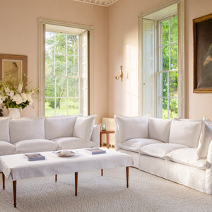 Coco 3.5 seater sofa with Oxford Border cushions in Cotton Linen Snow Drop - Made to order