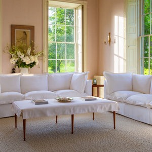 Coco 3.5 seater sofa with Oxford Border cushions in Cotton Linen Snow Drop - Made to order