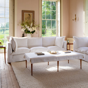 Coco 3.5 seater sofa with Oxford Border cushions in Cotton Linen Snow Drop - Made to order