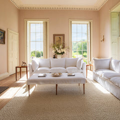 Coco 3.5 seater sofa with Oxford Border cushions in Cotton Linen Snow Drop - Made to order