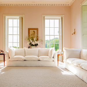 Coco 3.5 seater sofa with Oxford Border cushions in Cotton Linen Snow Drop - Made to order
