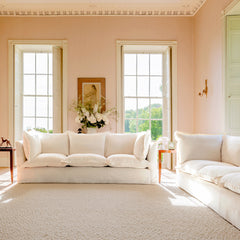 Coco 3.5 seater sofa with Oxford Border cushions in Cotton Linen Snow Drop - Made to order