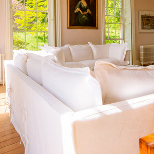 Coco 3.5 seater sofa with Oxford Border cushions in Cotton Linen Snow Drop - Made to order