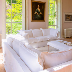 Coco 3.5 seater sofa with Oxford Border cushions in Cotton Linen Snow Drop - Made to order