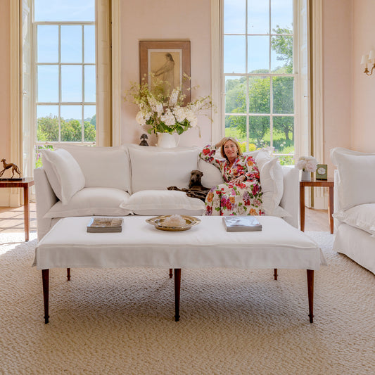 Coco 3.5 seater sofa with Oxford Border cushions in Cotton Linen Snow Drop - Made to order
