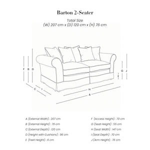 Barton 2 Seater Sofa line drawing with dimensions