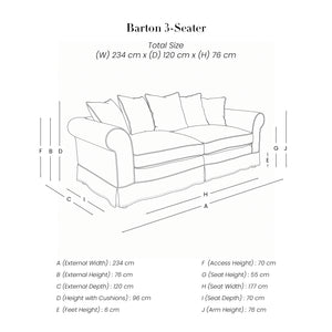 Barton 3 Seater Sofa line drawing with dimensions