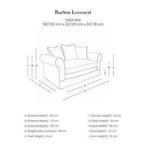 Barton Loveseat line drawing with dimensions