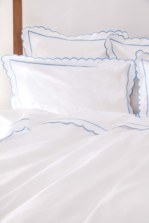 Blue Scalloped Super King Size Duvet Cover & 2 Super King Pillowcases Set
