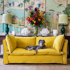 Coco 2.5 seater sofa with Contrast Piped Knife Edge cushion in Designers Guild Brera Lino Ochre - Made to Order