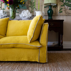 Coco 2.5 seater sofa with Contrast Piped Knife Edge cushion in Designers Guild Brera Lino Ochre - Made to Order
