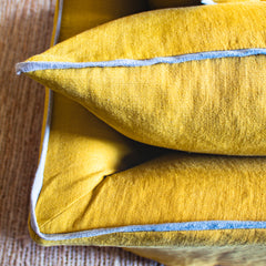 Coco 2.5 seater sofa with Contrast Piped Knife Edge cushion in Designers Guild Brera Lino Ochre - Made to Order