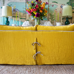 Coco 2.5 seater sofa with Contrast Piped Knife Edge cushion in Designers Guild Brera Lino Ochre - Made to Order