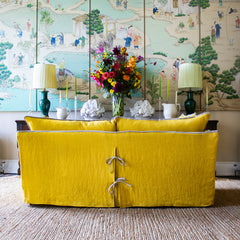 Coco 2.5 seater sofa with Contrast Piped Knife Edge cushion in Designers Guild Brera Lino Ochre - Made to Order