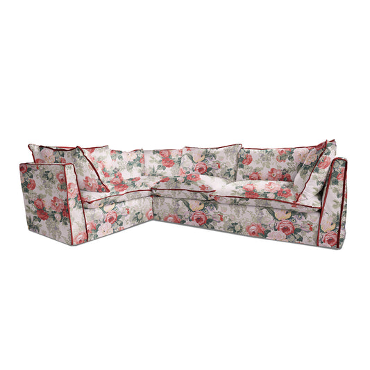 Coco 2 x 3 seater sofa with Knife Edge cushion in English Garden Classic Rose with Velvet Trim - Made to Order