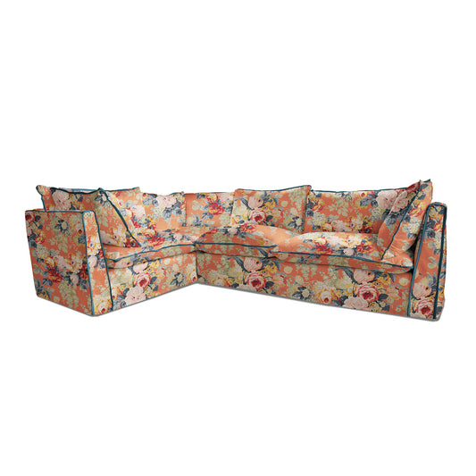 Coco 2 x 3 seater sofa with Knife Edge cushion in English Garden Coral Orange with Velvet Trim - Made to Order