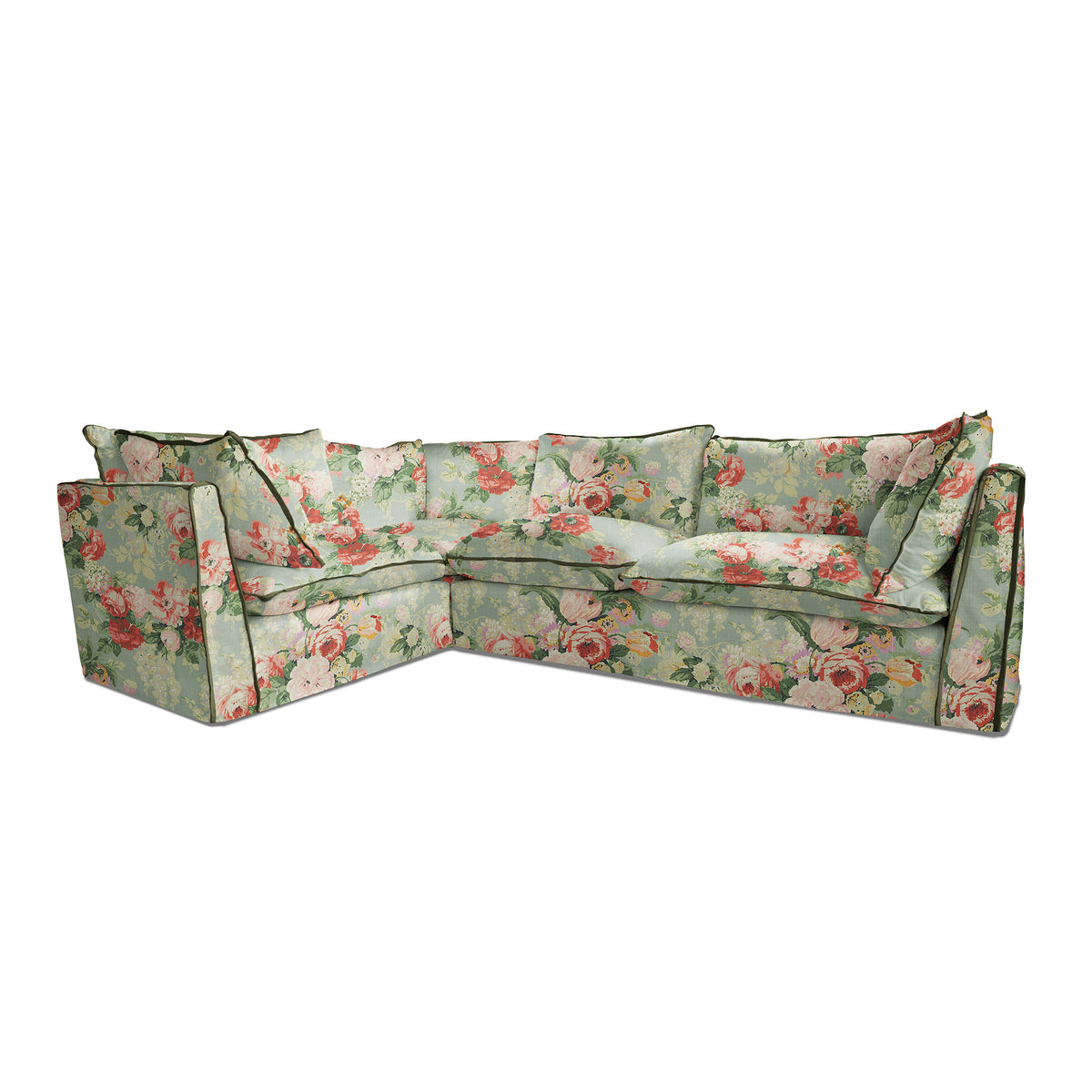 Coco 2 x 3 seater sofa with Knife Edge cushion in English Garden Grey Skies with Velvet Trim - Made to Order