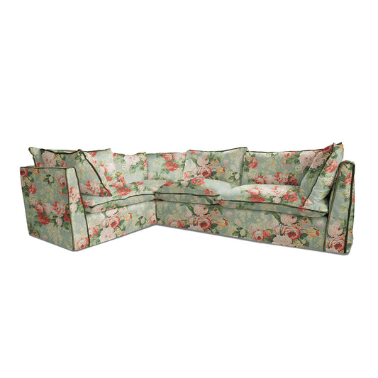Coco 2 x 3 seater sofa with Knife Edge cushion in English Garden Grey Skies with Velvet Trim - Made to Order