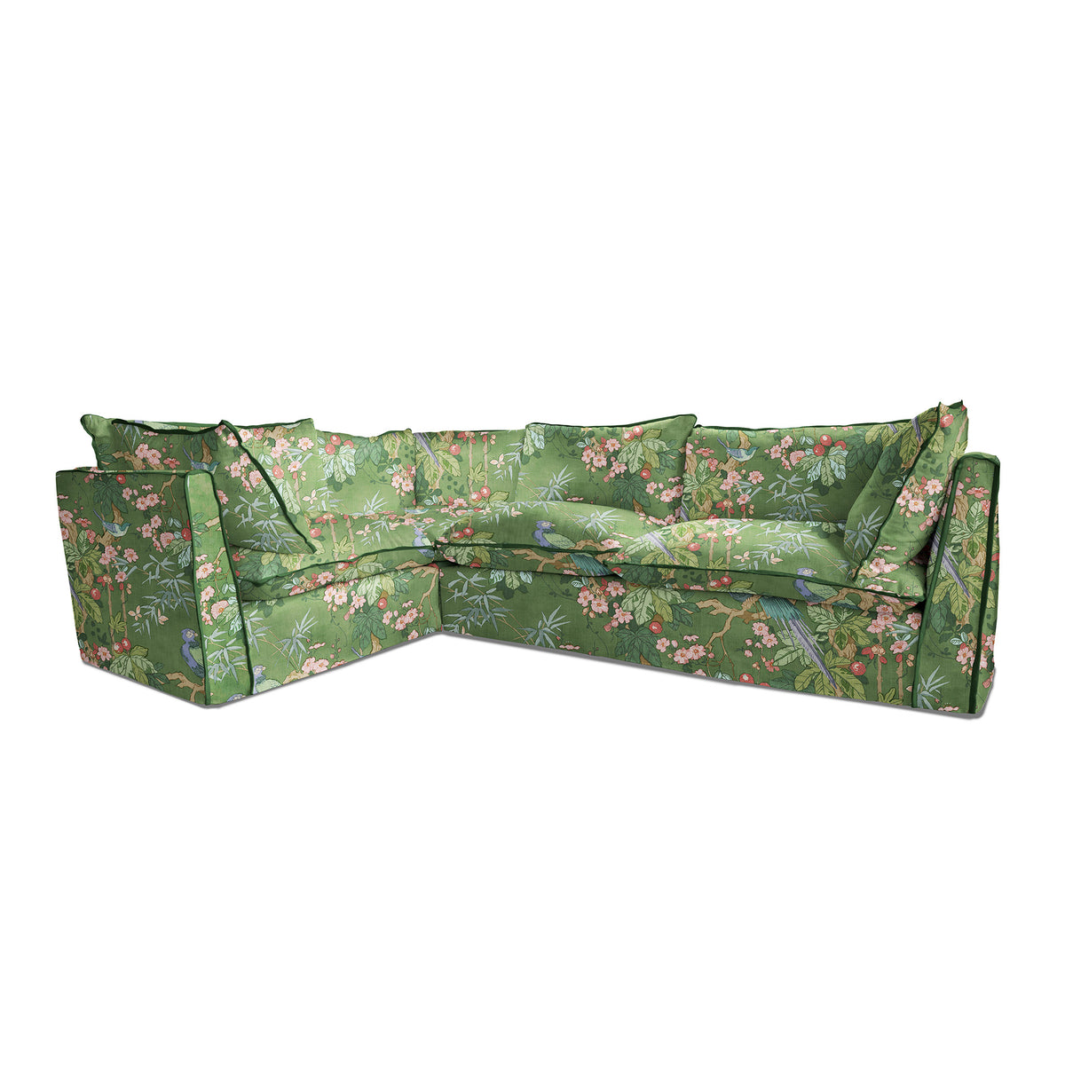 Coco 2 x 3 seater sofa with Knife Edge cushion in Belleville Juniper with Velvet Trim - Made to Order