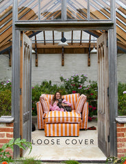 Coco Loveseat sofa cover with Self Piped Box Edge cushion in Dedar Belomondo Corallo