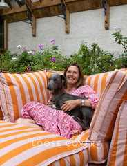 Coco Loveseat sofa cover with Self Piped Box Edge cushion in Dedar Belomondo Corallo