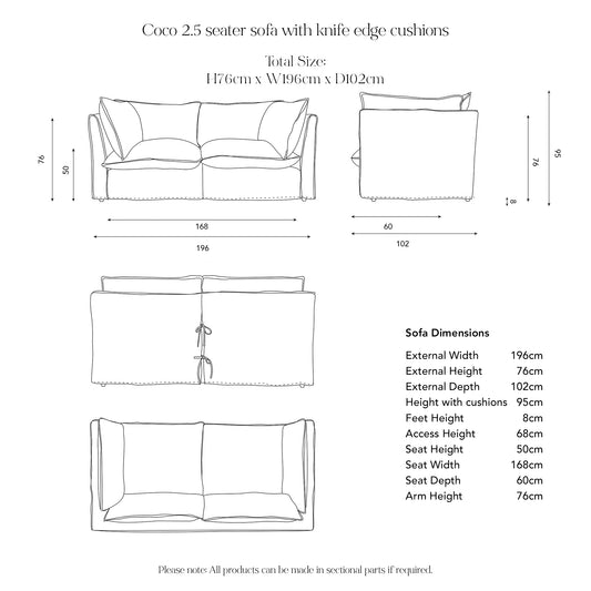 Coco 2.5 seater sofa with Contrast Piped Knife Edge cushion in Andrew Martin Wildwood Twig - Available for quick ship