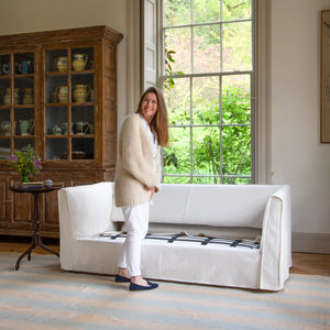 Coco 2.5 seater sofa bed with Self Piped Knife Edge cushion in Cotton Linen Snow Drop - Made to Order